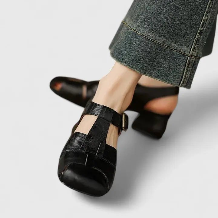 Dames Elegante Leren Blokhak Sandalen Vierkante Neus - Black