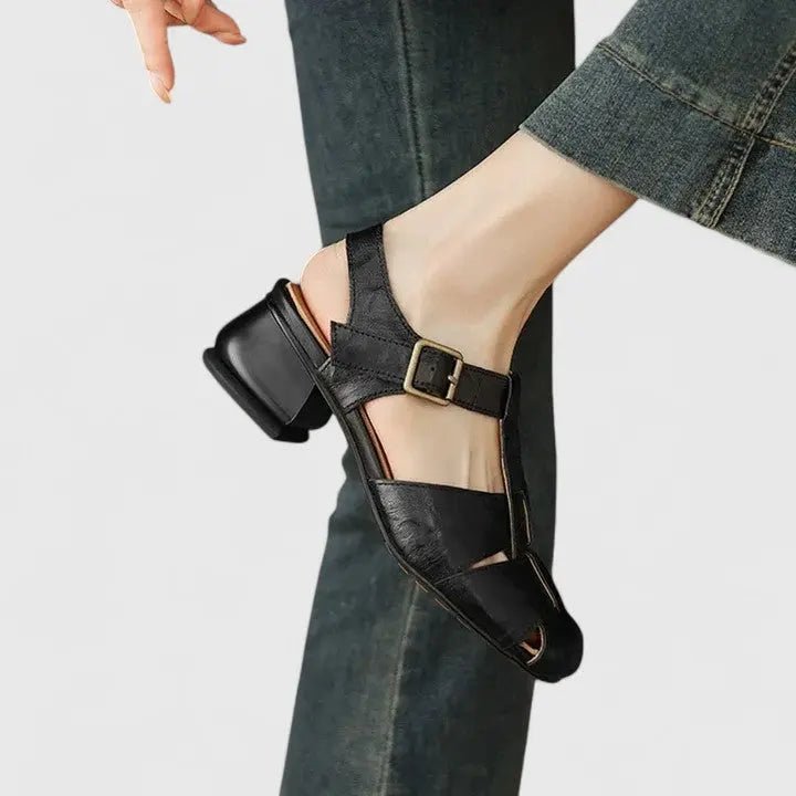 Dames Elegante Leren Blokhak Sandalen Vierkante Neus