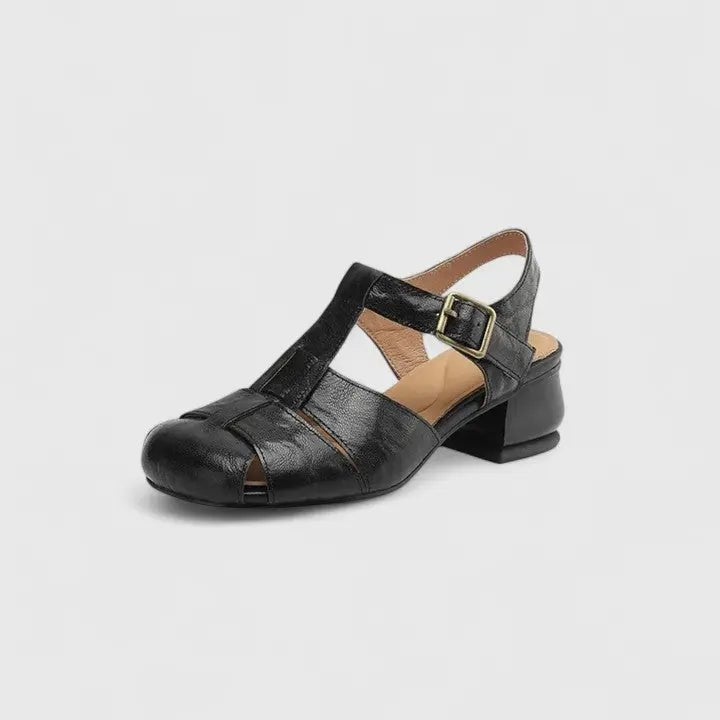 Dames Elegante Leren Blokhak Sandalen Vierkante Neus