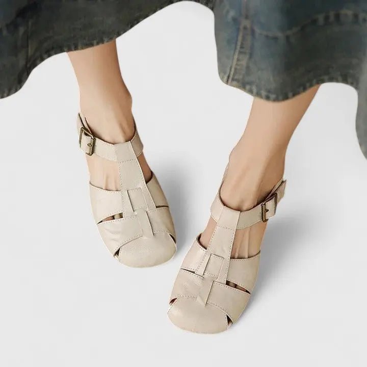 Dames Elegante Leren Blokhak Sandalen Vierkante Neus