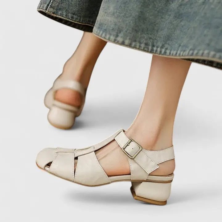 Dames Elegante Leren Blokhak Sandalen Vierkante Neus - Beige