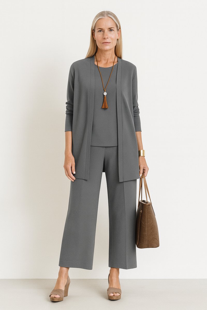 Dames Elegante Open Longline Cardigan Top Culotte Broek 3-delig Set - Grijs