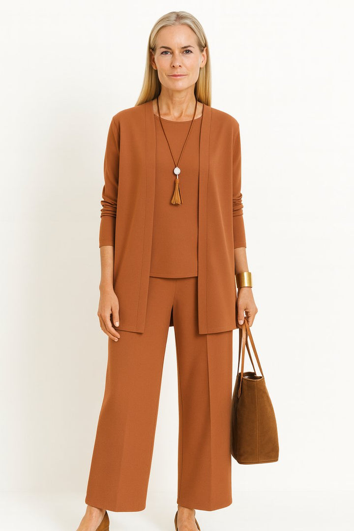 Dames Elegante Open Longline Cardigan Top Culotte Broek 3-delig Set - Lichtbruin