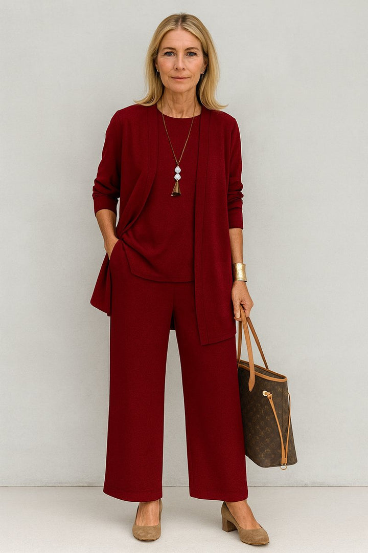 Dames Elegante Open Longline Cardigan Top Culotte Broek 3-delig Set - Rood