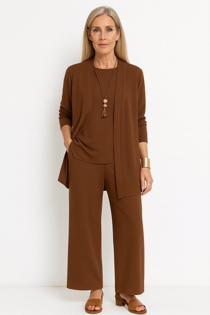 Dames Elegante Open Longline Cardigan Top Culotte Broek 3-delig Set - Bruin