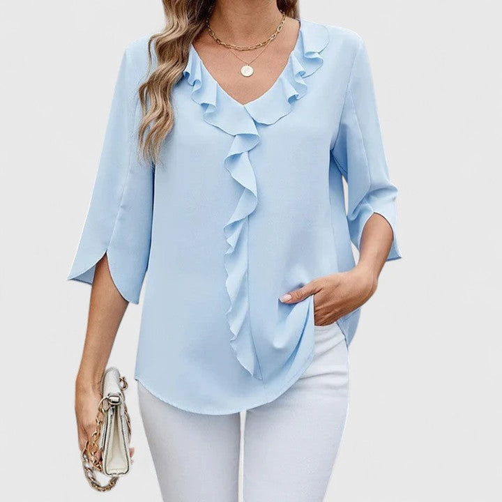 Dames Elegante Ruches V-hals Blouse met Driekwart Mouw