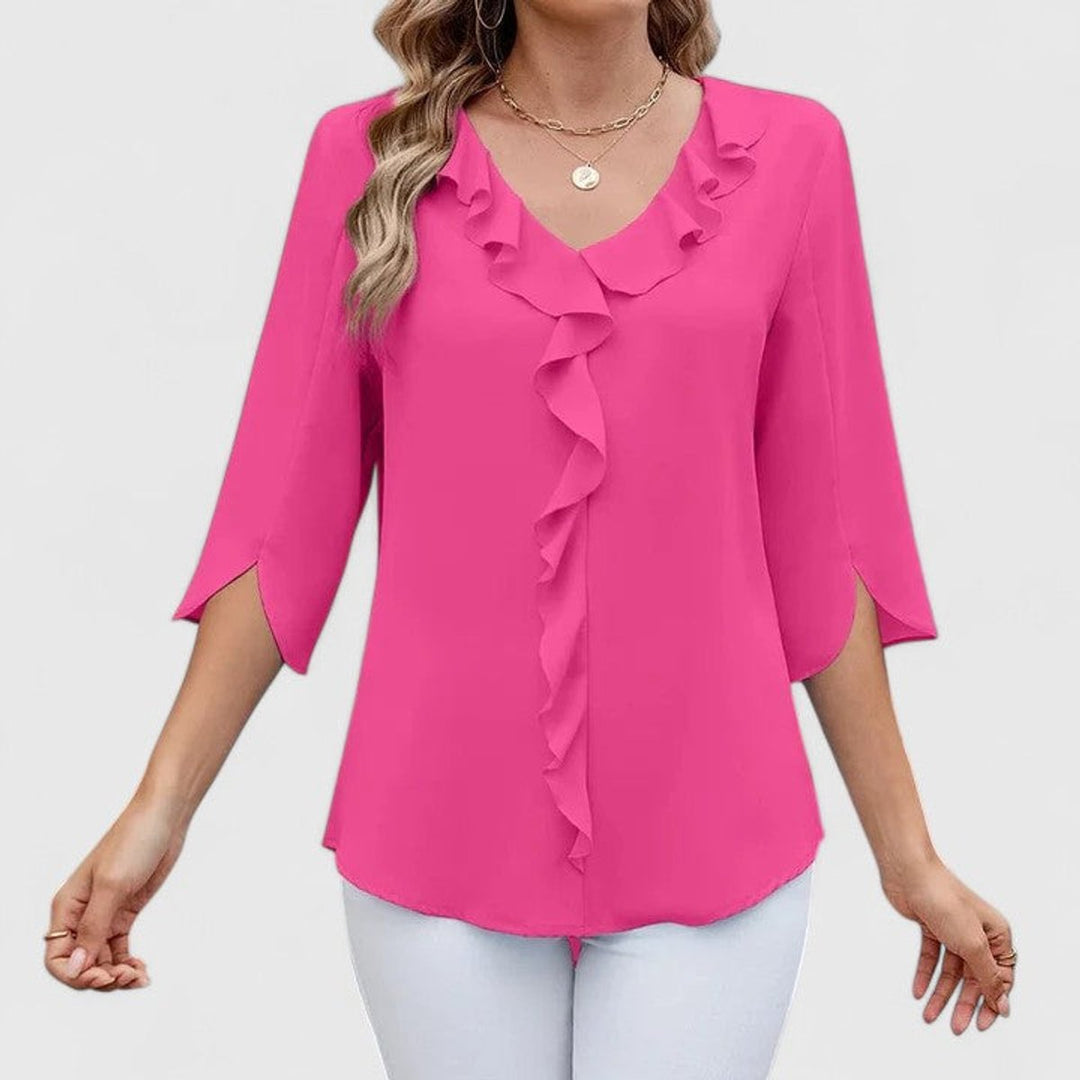 Dames Elegante Ruches V-hals Blouse met Driekwart Mouw - Roze