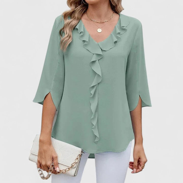 Dames Elegante Ruches V-hals Blouse met Driekwart Mouw - Groen