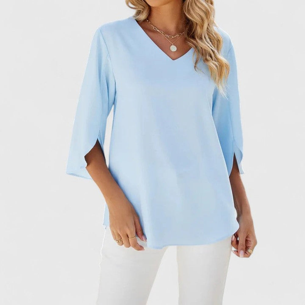 Dames Elegante Ruches V-hals Blouse met Driekwart Mouw - Klassiek Blauw