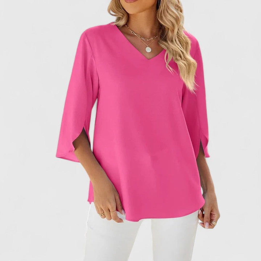 Dames Elegante Ruches V-hals Blouse met Driekwart Mouw - Klassiek Roze