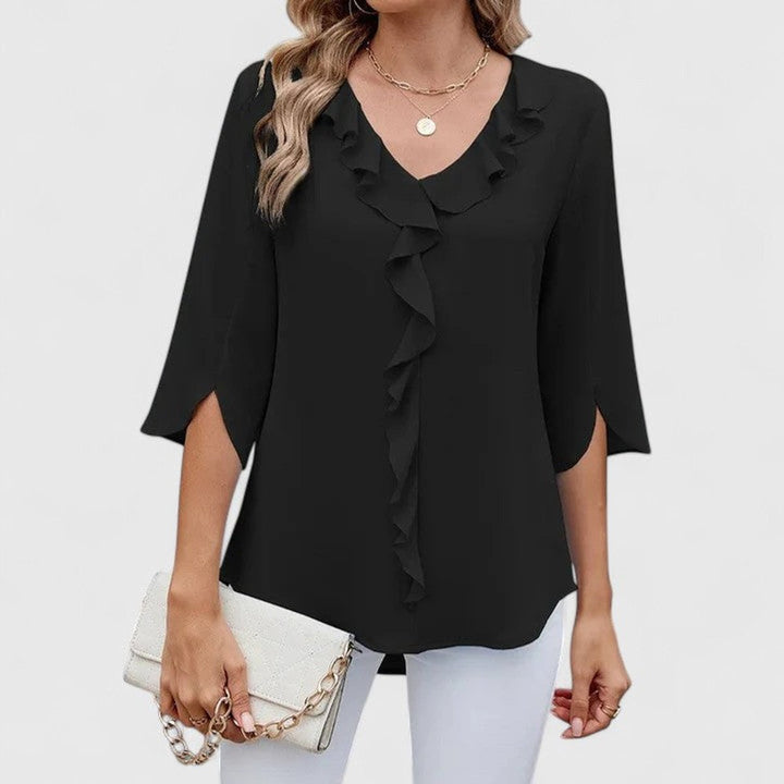 Dames Elegante Ruches V-hals Blouse met Driekwart Mouw - Zwart