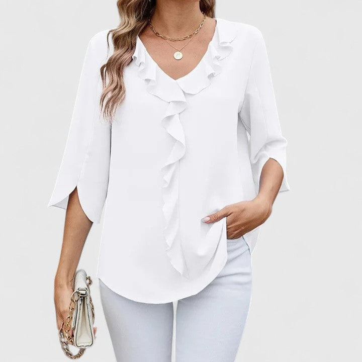 Dames Elegante Ruches V-hals Blouse met Driekwart Mouw - Wit