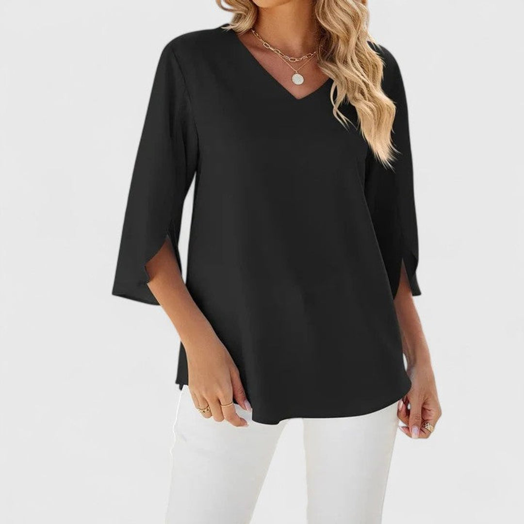 Dames Elegante Ruches V-hals Blouse met Driekwart Mouw - Klassiek Zwart