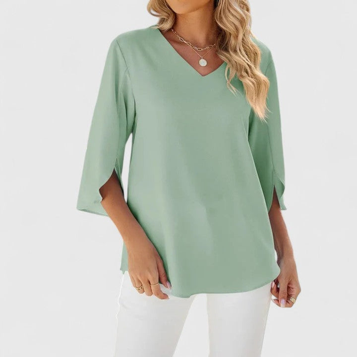 Dames Elegante Ruches V-hals Blouse met Driekwart Mouw - Klassiek Groen