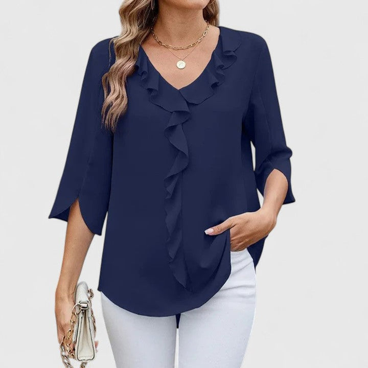 Dames Elegante Ruches V-hals Blouse met Driekwart Mouw - Blauw