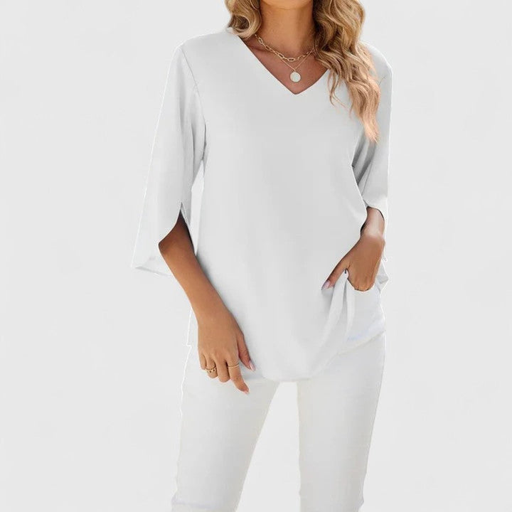 Dames Elegante Ruches V-hals Blouse met Driekwart Mouw - Klassiek Wit
