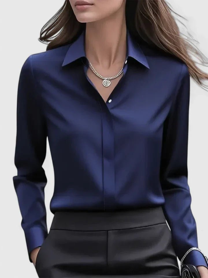 Dames Elegante Satijnen Blouse Verborgen Knoopsluiting Lange Mouwen - Navy Blue