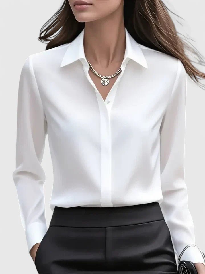 Dames Elegante Satijnen Blouse Verborgen Knoopsluiting Lange Mouwen - White
