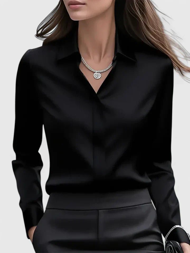 Dames Elegante Satijnen Blouse Verborgen Knoopsluiting Lange Mouwen - Black