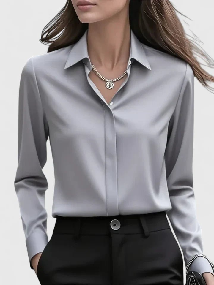 Dames Elegante Satijnen Blouse Verborgen Knoopsluiting Lange Mouwen - Gray