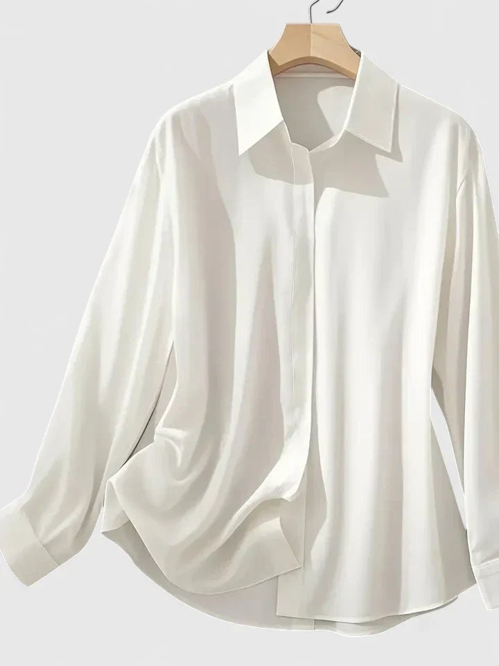 Dames Elegante Satijnen Blouse Verborgen Knoopsluiting Lange Mouwen