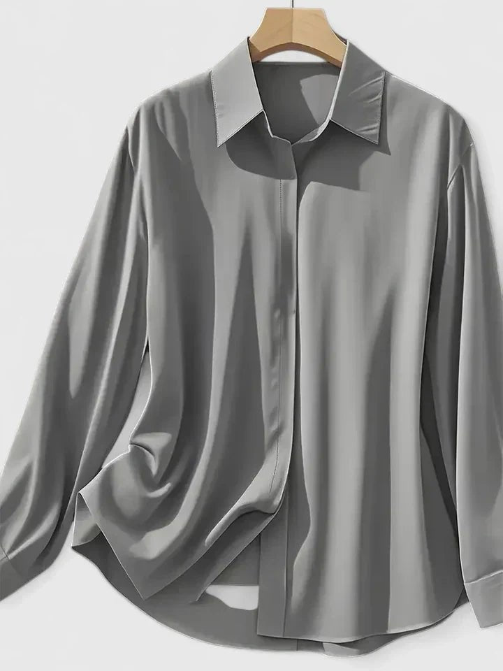 Dames Elegante Satijnen Blouse Verborgen Knoopsluiting Lange Mouwen