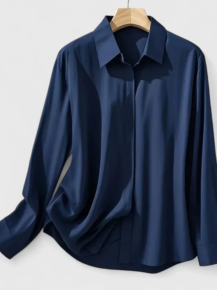 Dames Elegante Satijnen Blouse Verborgen Knoopsluiting Lange Mouwen