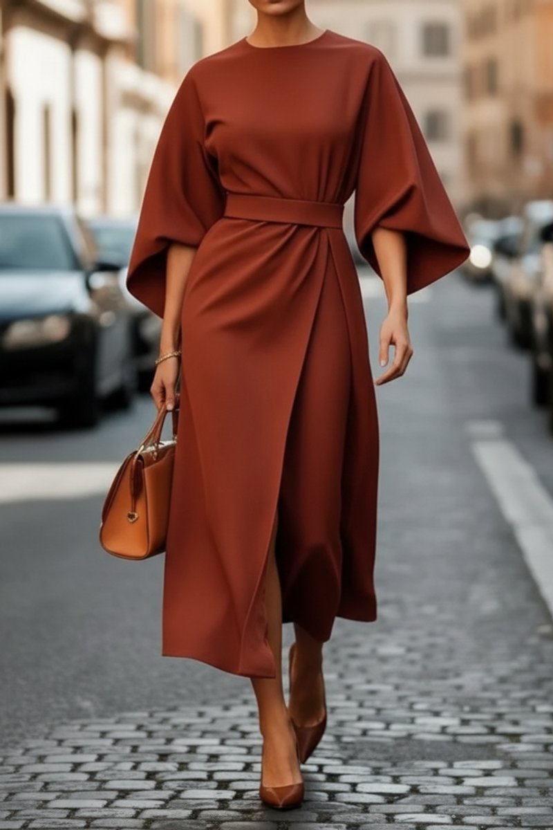 Dames Elegante Wijde-Mouw Midi Cocktailjurk met Tailleband - Rust Brown