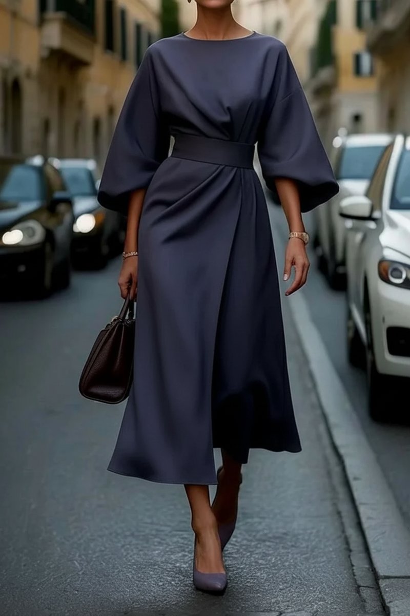 Dames Elegante Wijde-Mouw Midi Cocktailjurk met Tailleband - Navy Blue