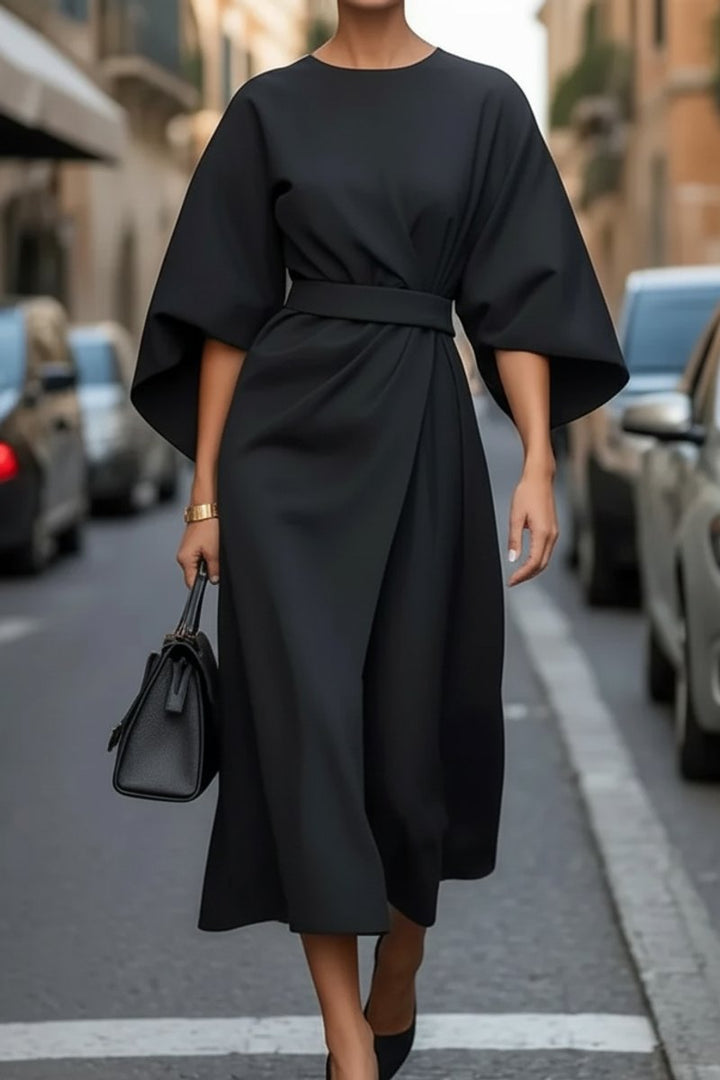 Dames Elegante Wijde-Mouw Midi Cocktailjurk met Tailleband - Black