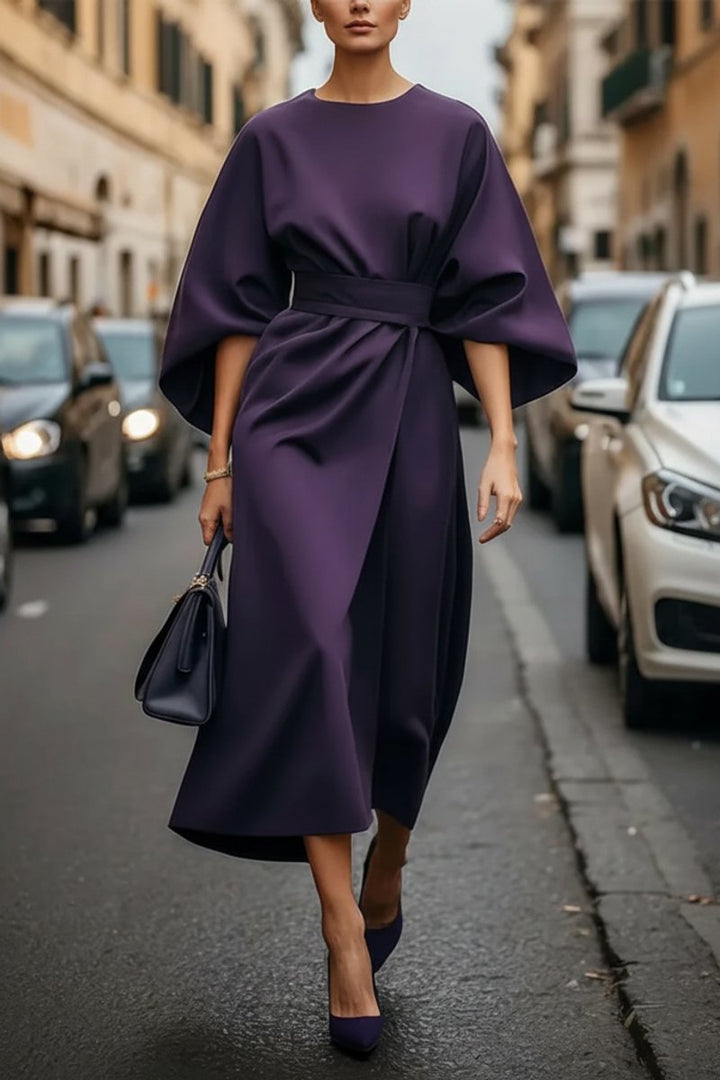 Dames Elegante Wijde-Mouw Midi Cocktailjurk met Tailleband - Purple