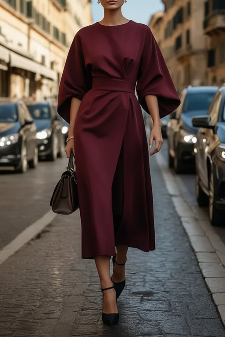 Dames Elegante Wijde-Mouw Midi Cocktailjurk met Tailleband - Burgundy