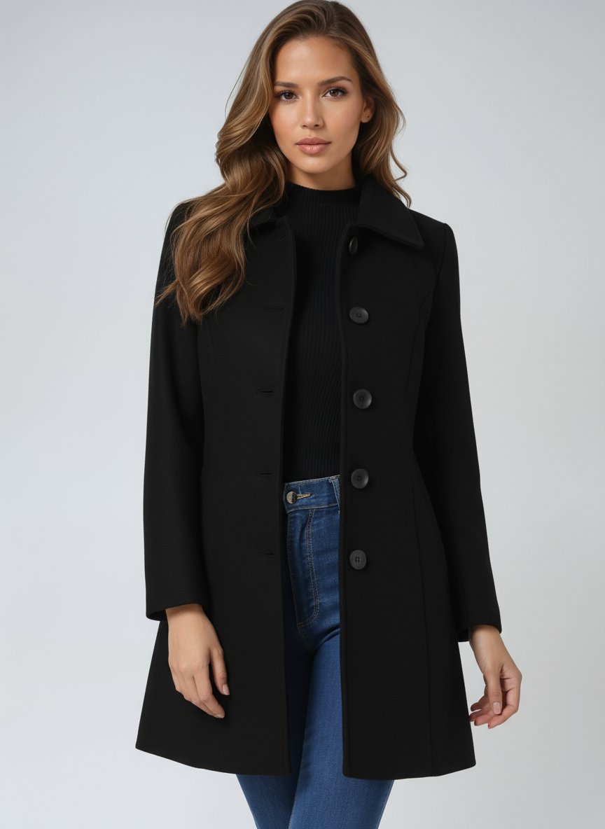 Dames Enkelrij Gestructureerde Winterjas Midi - Black