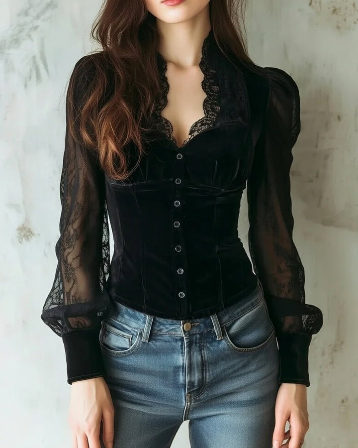 Dames Fluwelen Kanten Blouse met Doorzichtige Mouwen Knoopsluiting - Black