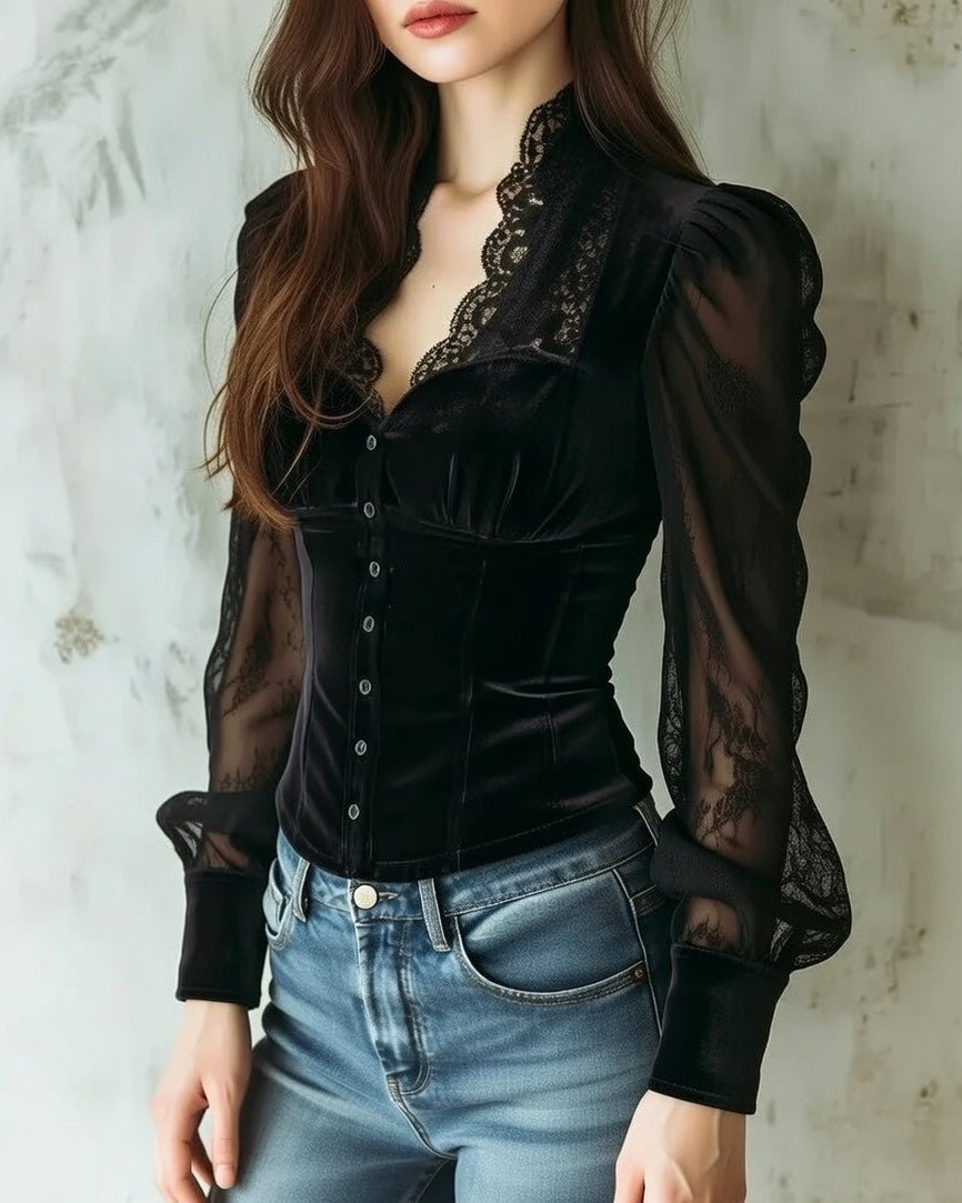Dames Fluwelen Kanten Blouse met Doorzichtige Mouwen Knoopsluiting