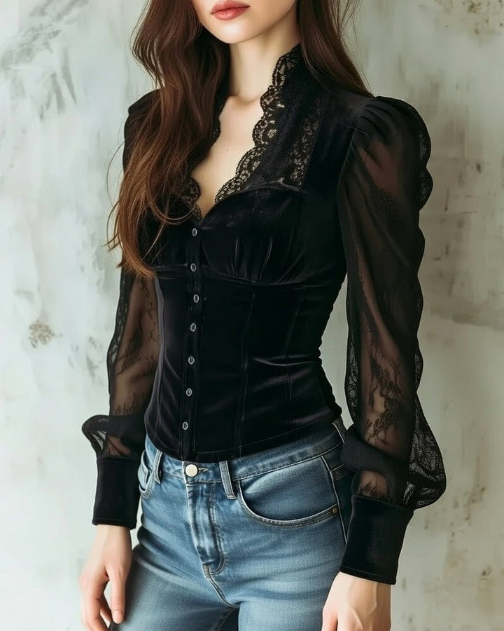 Dames Fluwelen Kanten Blouse met Doorzichtige Mouwen Knoopsluiting