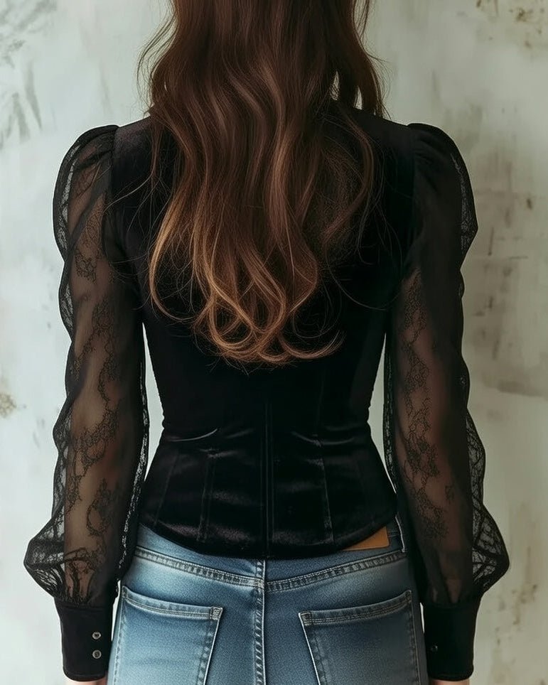 Dames Fluwelen Kanten Blouse met Doorzichtige Mouwen Knoopsluiting