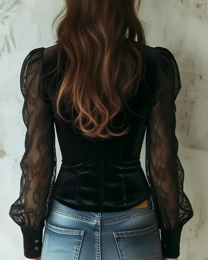 Dames Fluwelen Kanten Blouse met Doorzichtige Mouwen Knoopsluiting