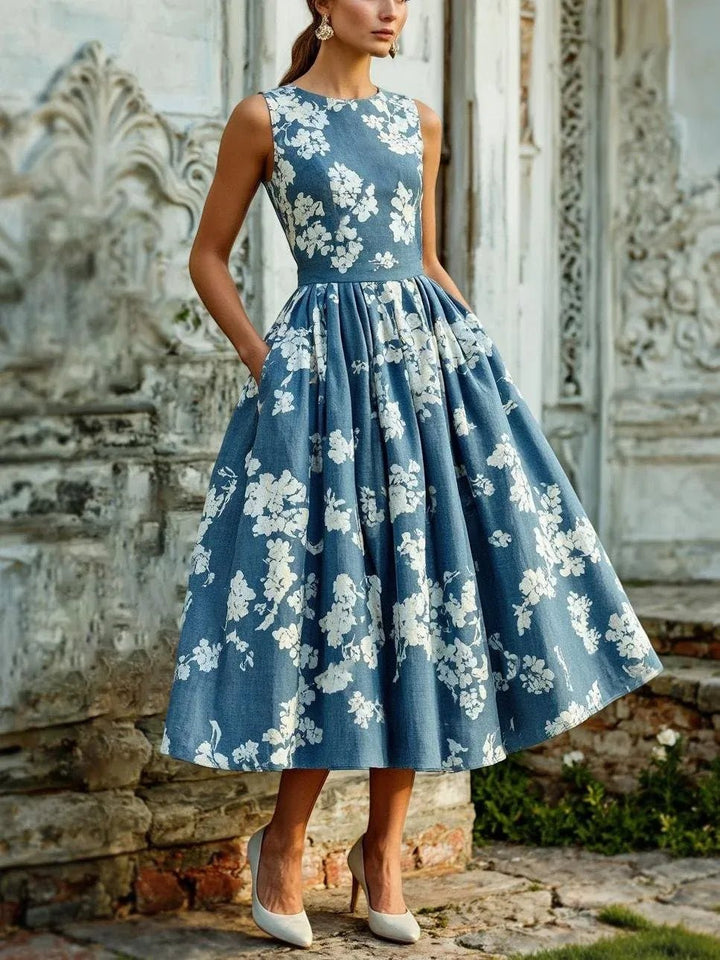 Dames Gebloemd Linnen Off-Shoulder Midi Jurk - Blue