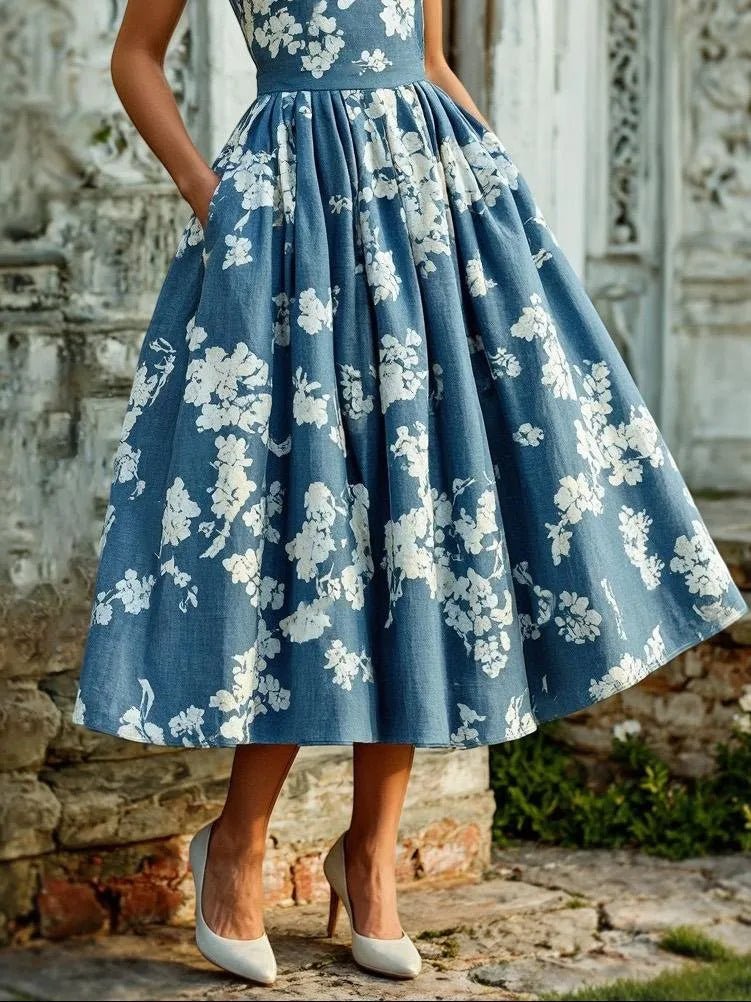 Dames Gebloemd Linnen Off-Shoulder Midi Jurk