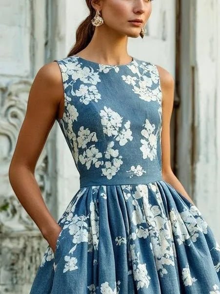 Dames Gebloemd Linnen Off-Shoulder Midi Jurk