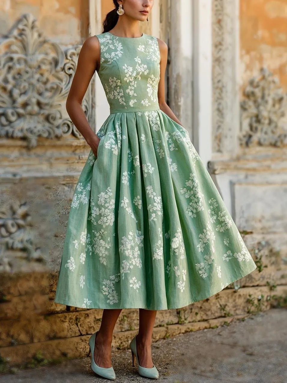 Dames Gebloemd Linnen Off-Shoulder Midi Jurk - Green