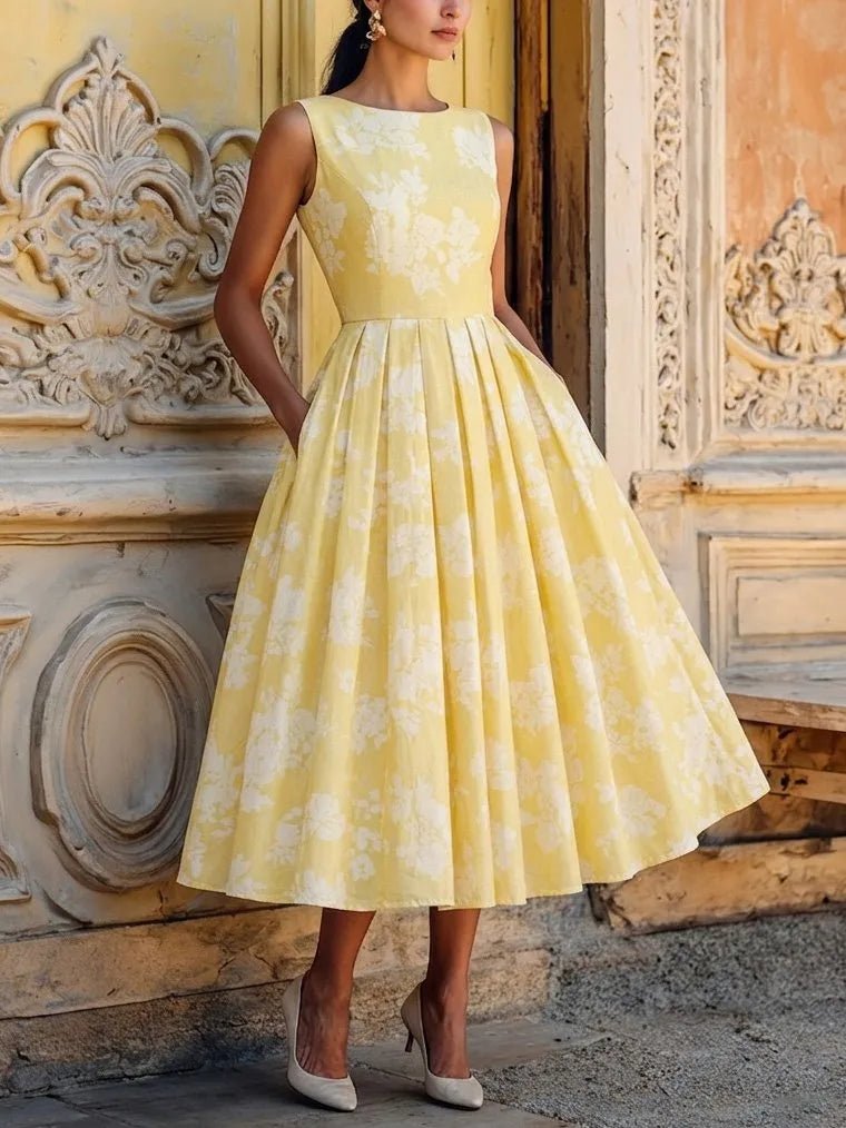 Dames Gebloemd Linnen Off-Shoulder Midi Jurk - Yellow