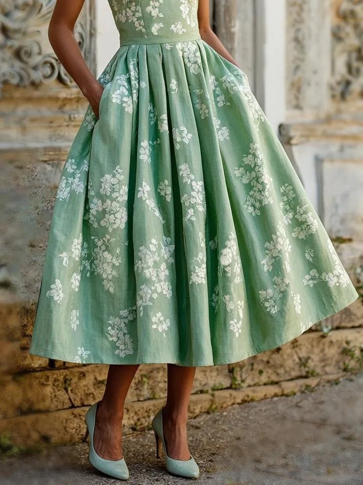 Dames Gebloemd Linnen Off-Shoulder Midi Jurk