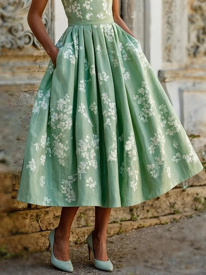 Dames Gebloemd Linnen Off-Shoulder Midi Jurk