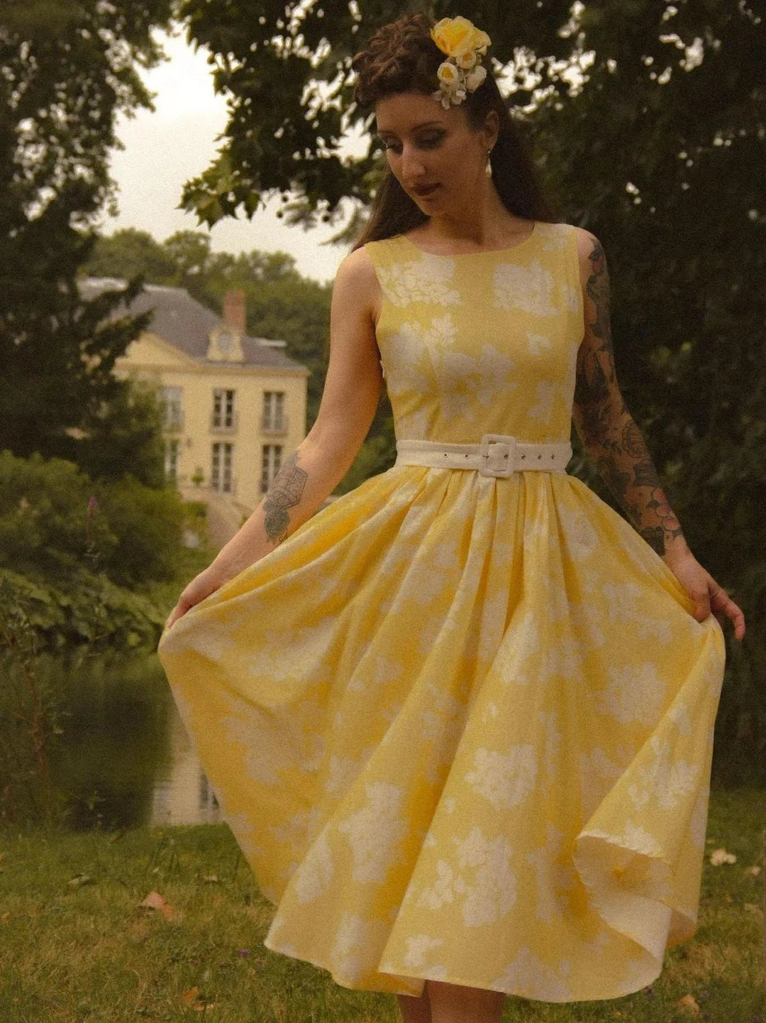 Dames Gebloemd Linnen Off-Shoulder Midi Jurk