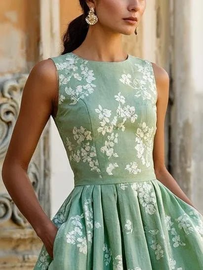 Dames Gebloemd Linnen Off-Shoulder Midi Jurk