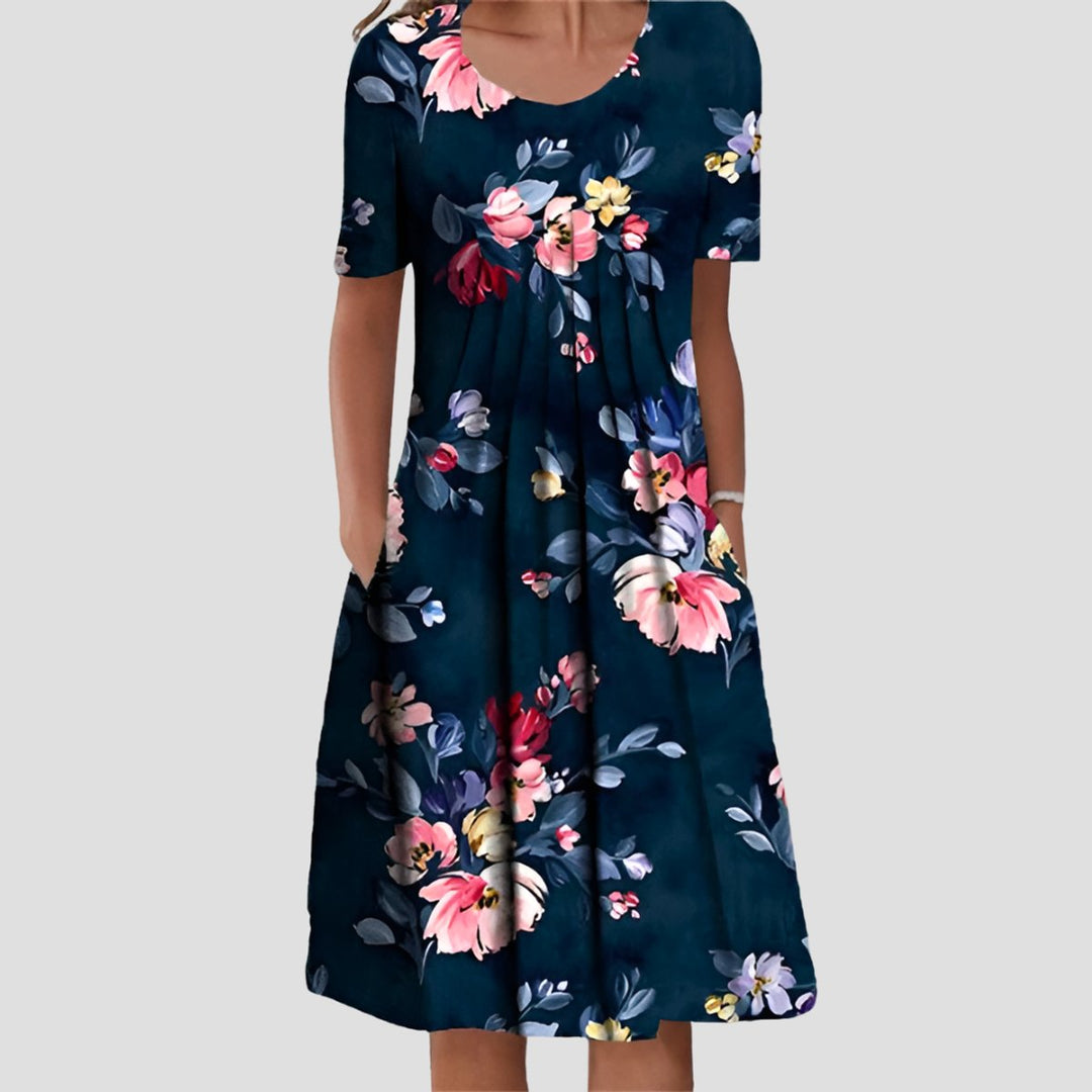 Dames Gebloemde Geplooide A-lijn Midi-jurk met Zakken - Blauw