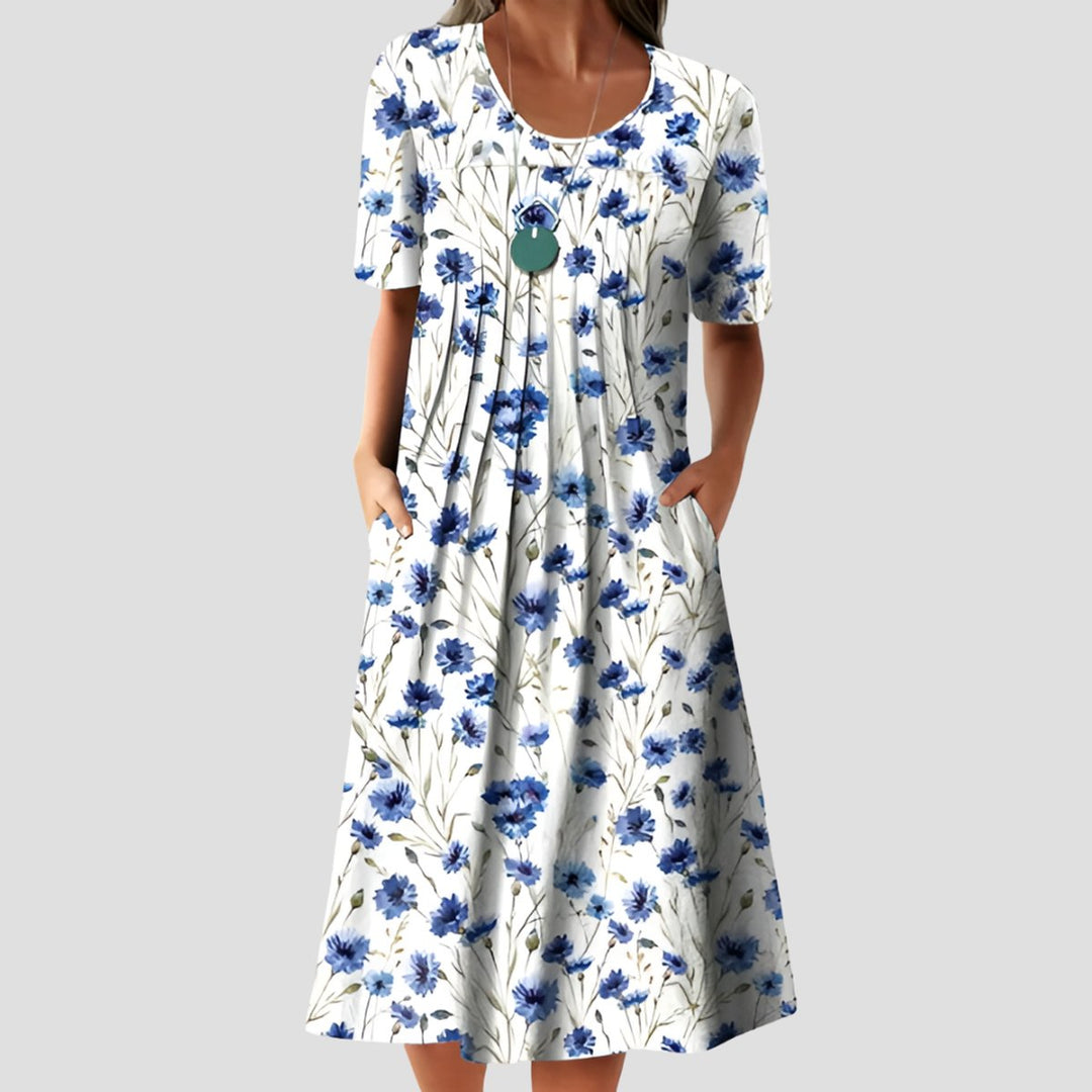 Dames Gebloemde Geplooide A-lijn Midi-jurk met Zakken - Wit-Blauw