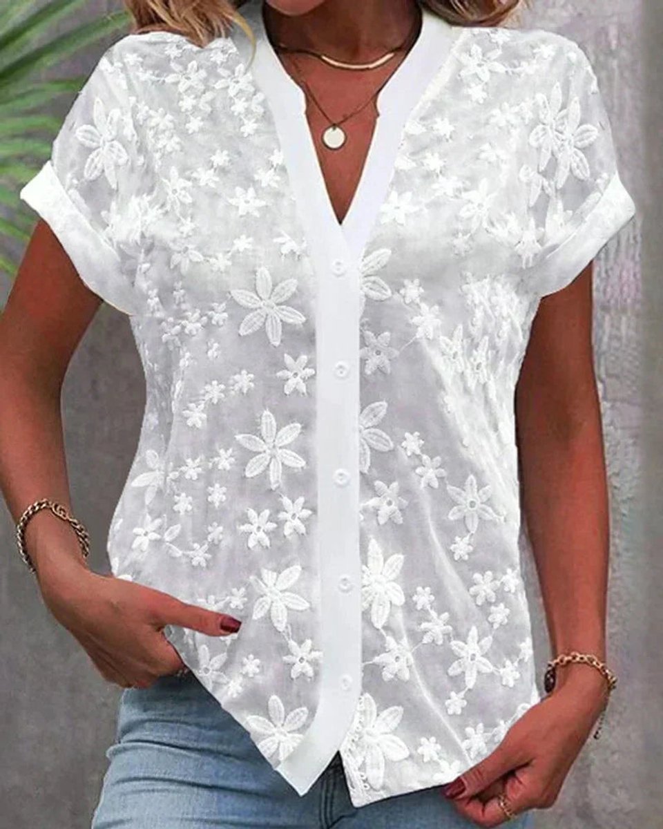 Dames Gebloemde Kanten V-hals Blouse Korte Mouw - Wit